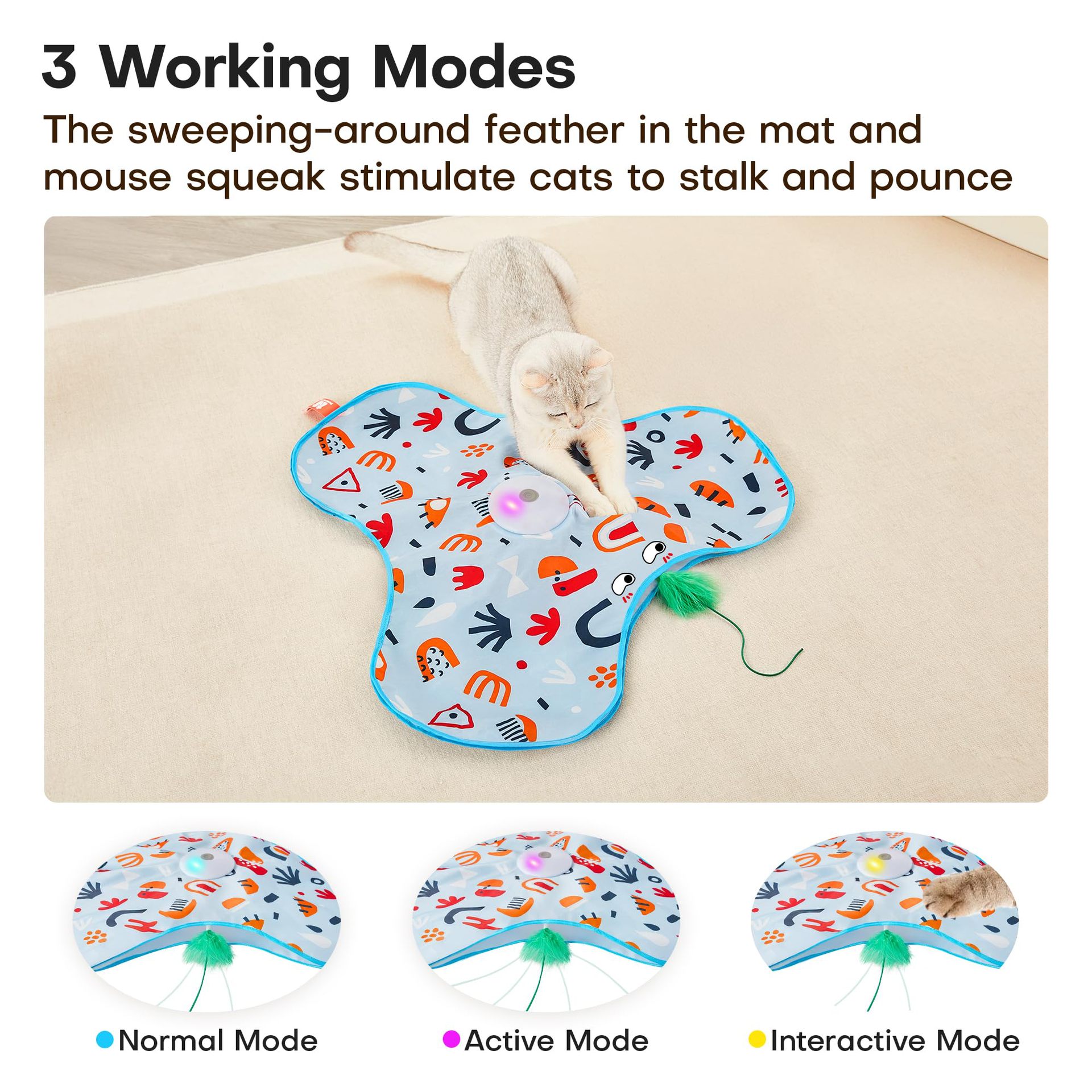 Dark Blue Interactive Cat Toys Rechargeable,Moving Concealed Feathers,Real Mouse Squeaky,Touch Activated Cat Kitten Toy Exercise Toys for Indoor Bored Adult Cats - Image 3