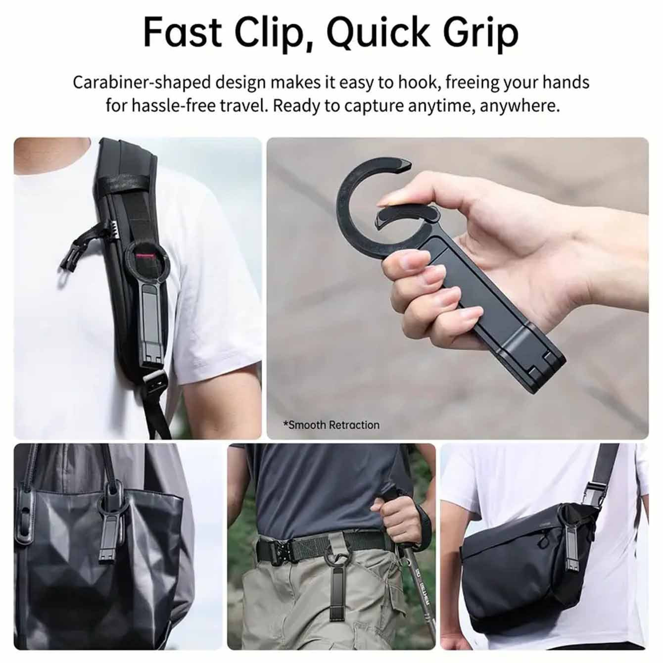 Black Magnetic Phone Stand with Foldable Tripod & Carabiner Hook – Multi-Functional, Portable Smartphone Holder for Outdoor Use - Image 2