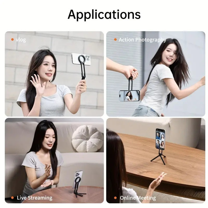 Black Magnetic Phone Stand with Foldable Tripod & Carabiner Hook – Multi-Functional, Portable Smartphone Holder for Outdoor Use - Image 3