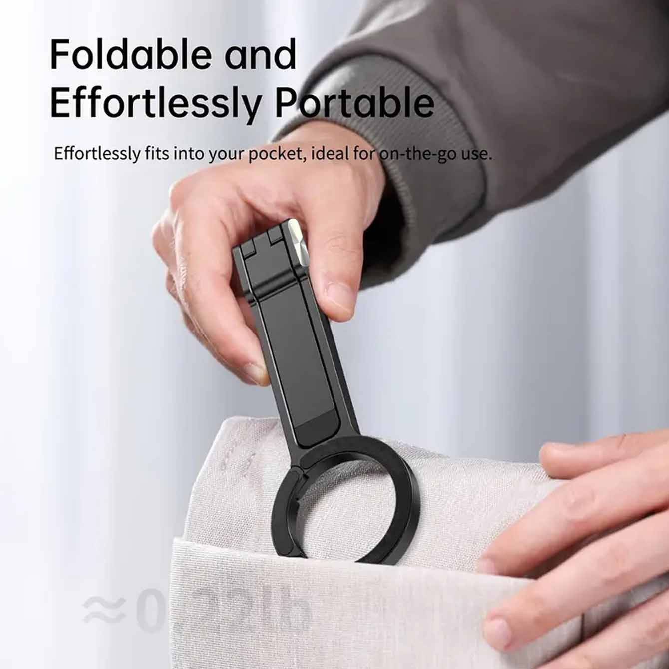 Black Magnetic Phone Stand with Foldable Tripod & Carabiner Hook – Multi-Functional, Portable Smartphone Holder for Outdoor Use - Image 5