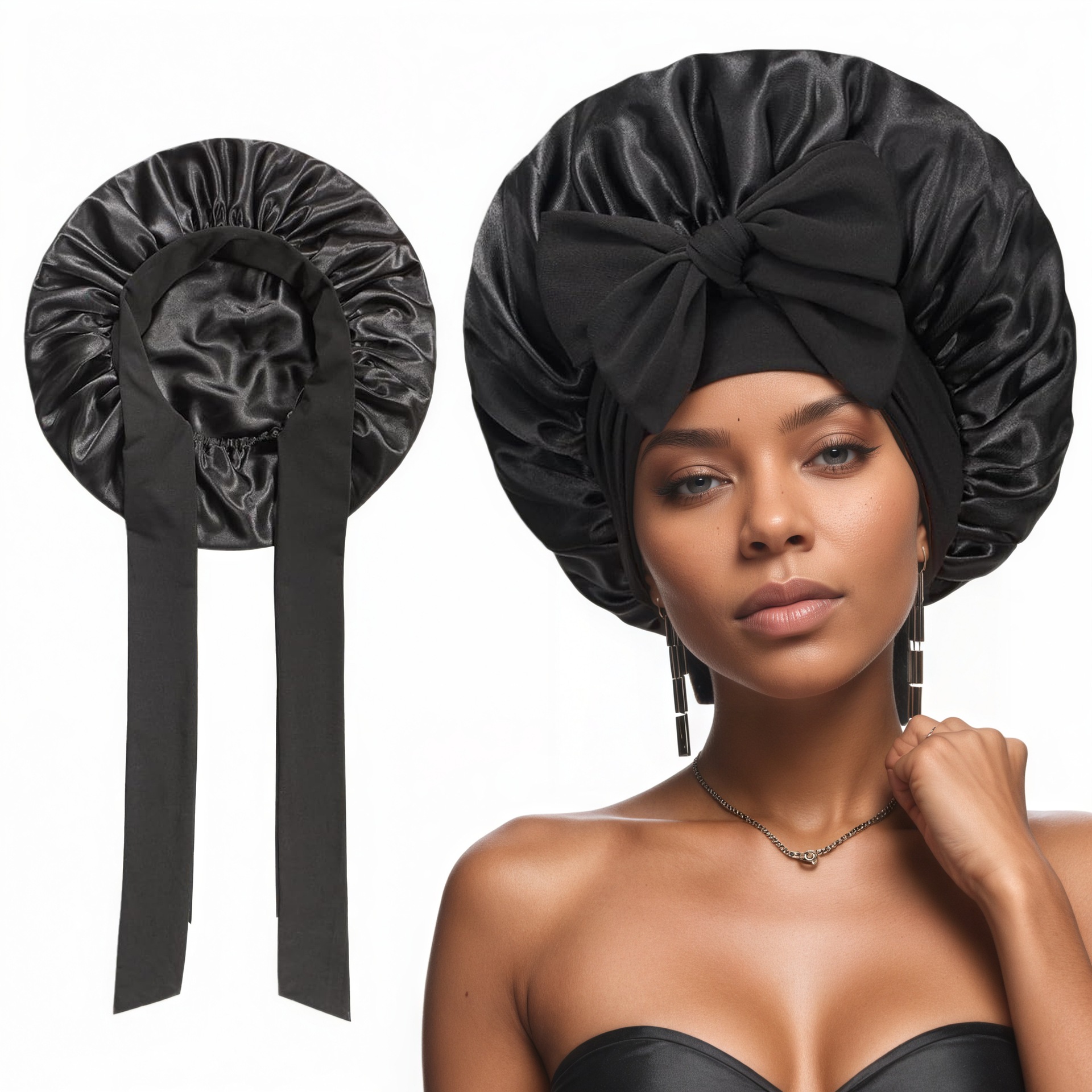 2 Pcs Black Double-Layer Satin Hair Cap with Ribbon Bow – Premium Silk-Like Beauty & Hair Protection Hat - Image 1