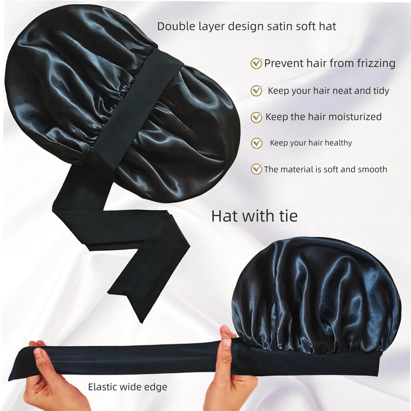 2 Pcs Black Double-Layer Satin Hair Cap with Ribbon Bow – Premium Silk-Like Beauty & Hair Protection Hat - Image 3