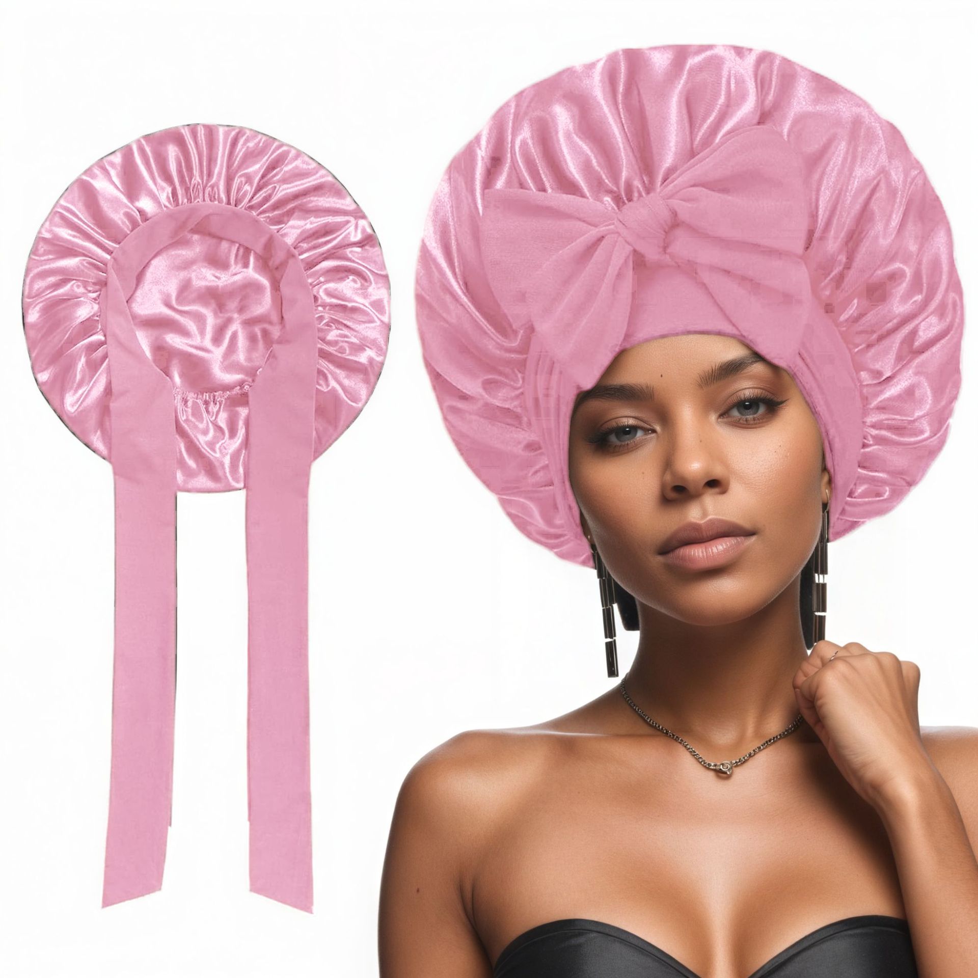 2 Pcs Pink Double-Layer Satin Hair Cap with Ribbon Bow – Premium Silk-Like Beauty & Hair Protection Hat - Image 1