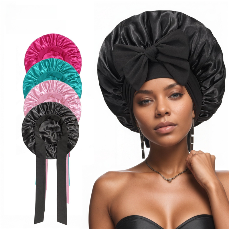 2 Pcs Pink Double-Layer Satin Hair Cap with Ribbon Bow – Premium Silk-Like Beauty & Hair Protection Hat - Image 2