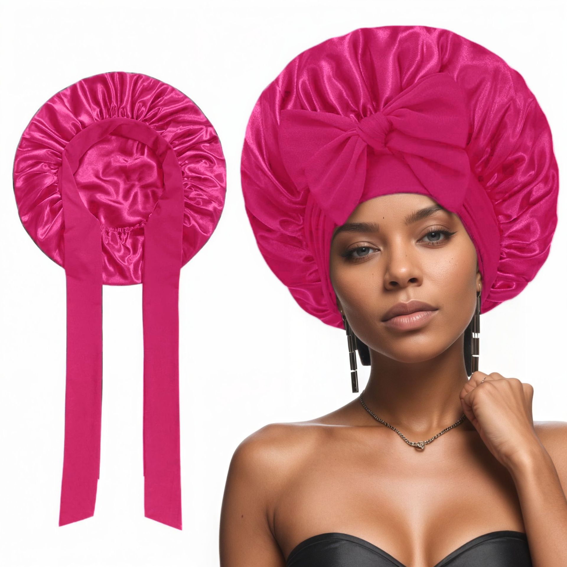 2 Pcs Dark Pink Double-Layer Satin Hair Cap with Ribbon Bow – Premium Silk-Like Beauty & Hair Protection Hat - Image 1