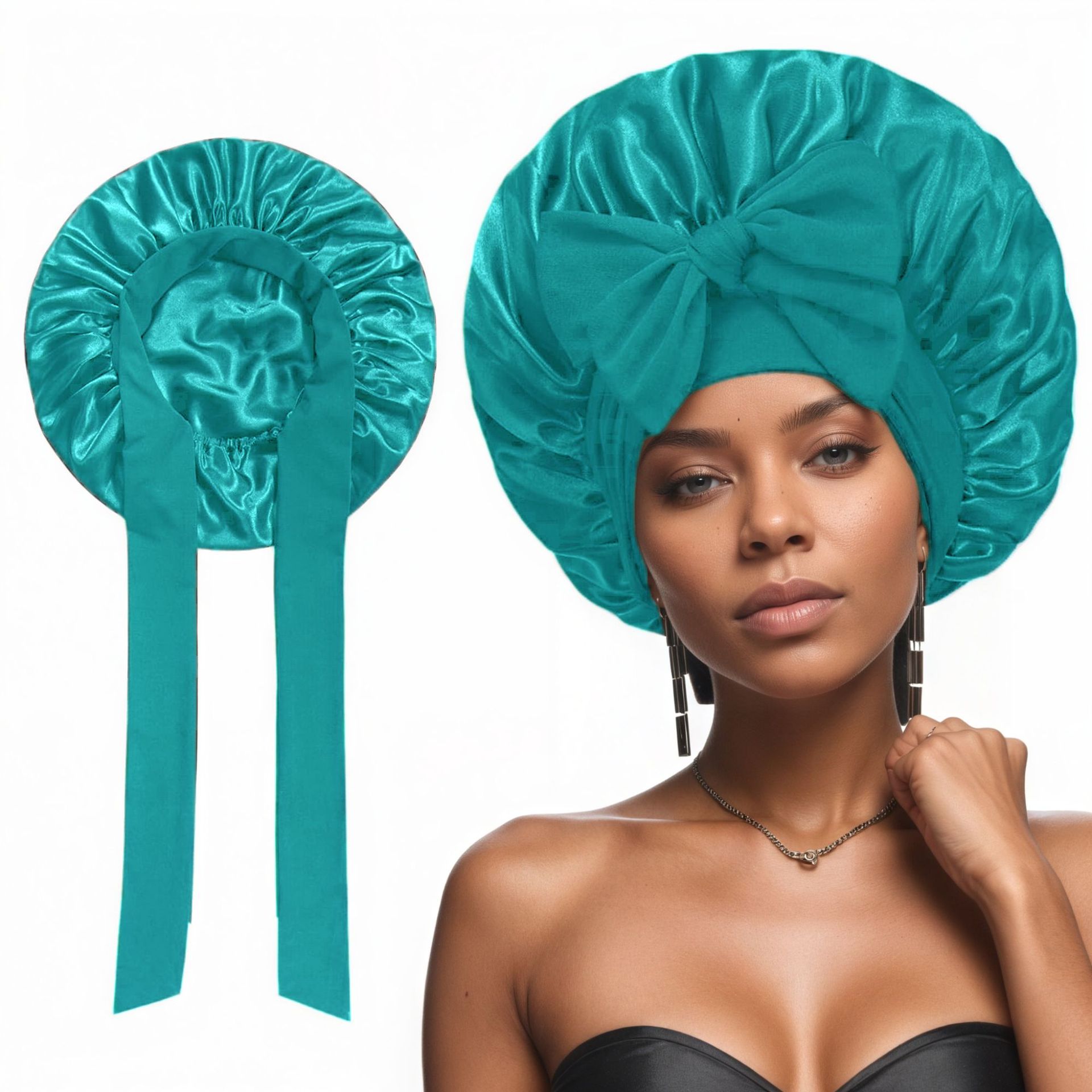 2 Pcs Lake Blue Double-Layer Satin Hair Cap with Ribbon Bow – Premium Silk-Like Beauty & Hair Protection Hat - Image 1