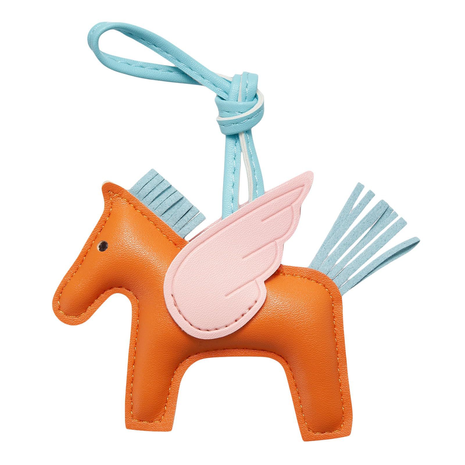 Orange PU Leather Pegasus Keychain – Cute Flying Horse Pendant with Wings and Rope, 3-Pack - Image 1