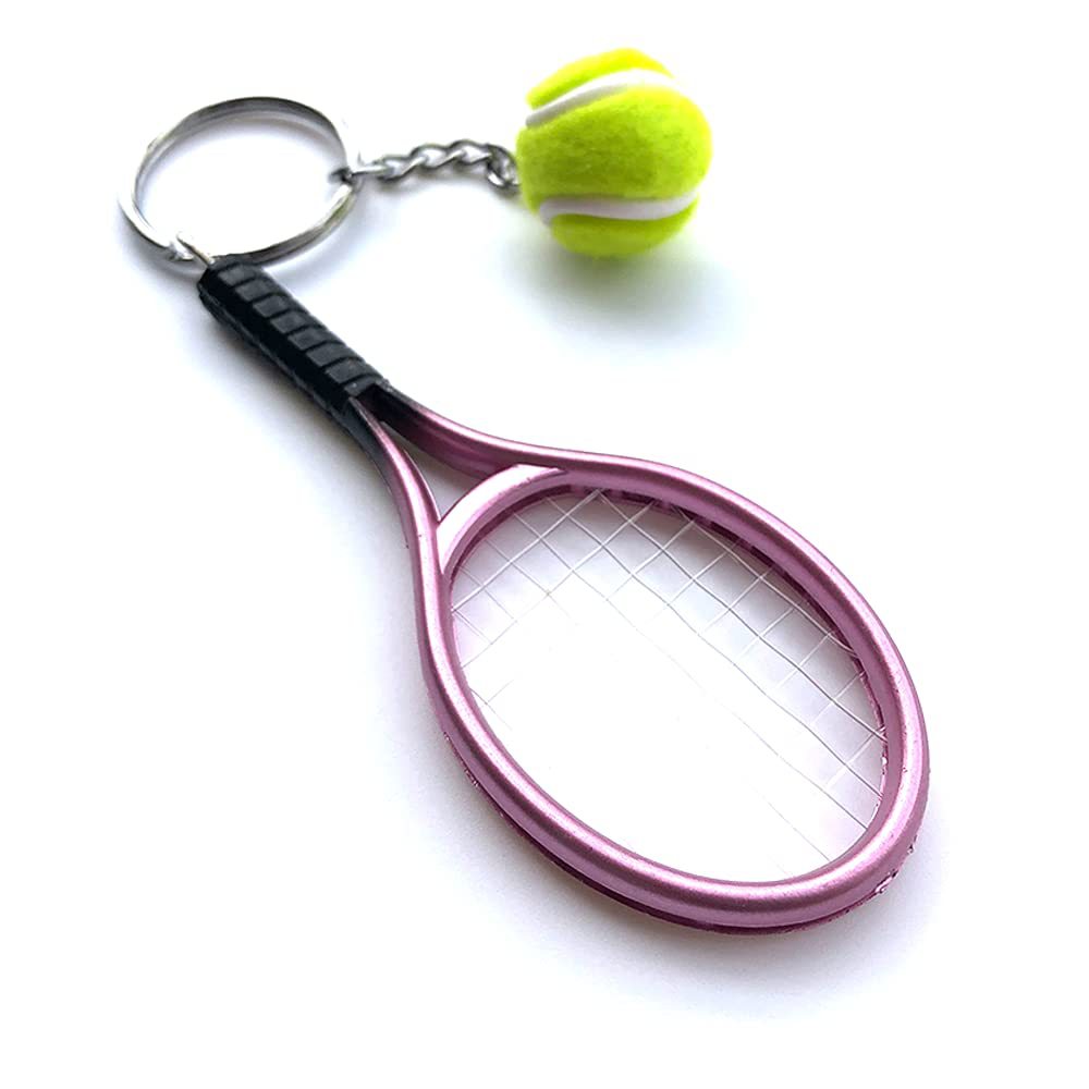 Pink Simulation Tennis Racket Keychain – Mini Tennis Racket and Ball Pendant, 3-Pack - Image 1