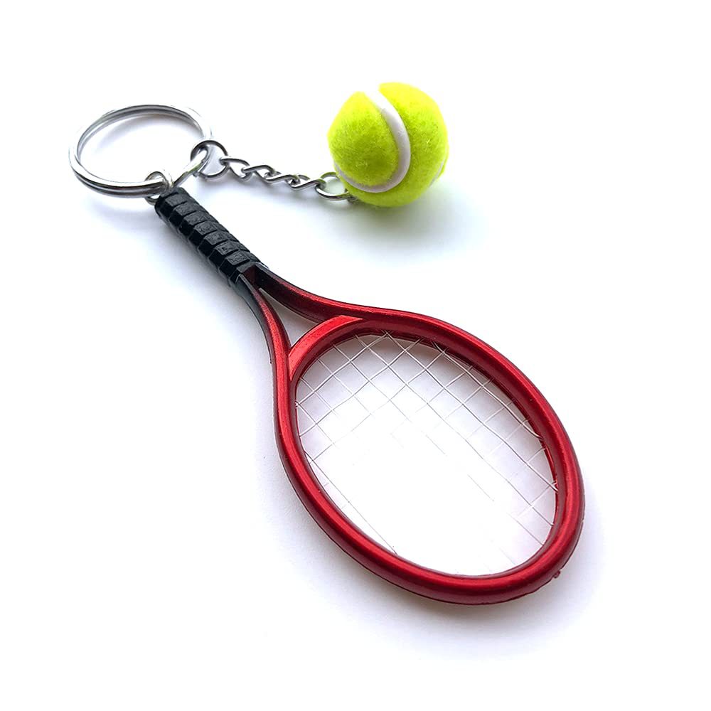 Red Simulation Tennis Racket Keychain – Mini Tennis Racket and Ball Pendant, 3-Pack - Image 1