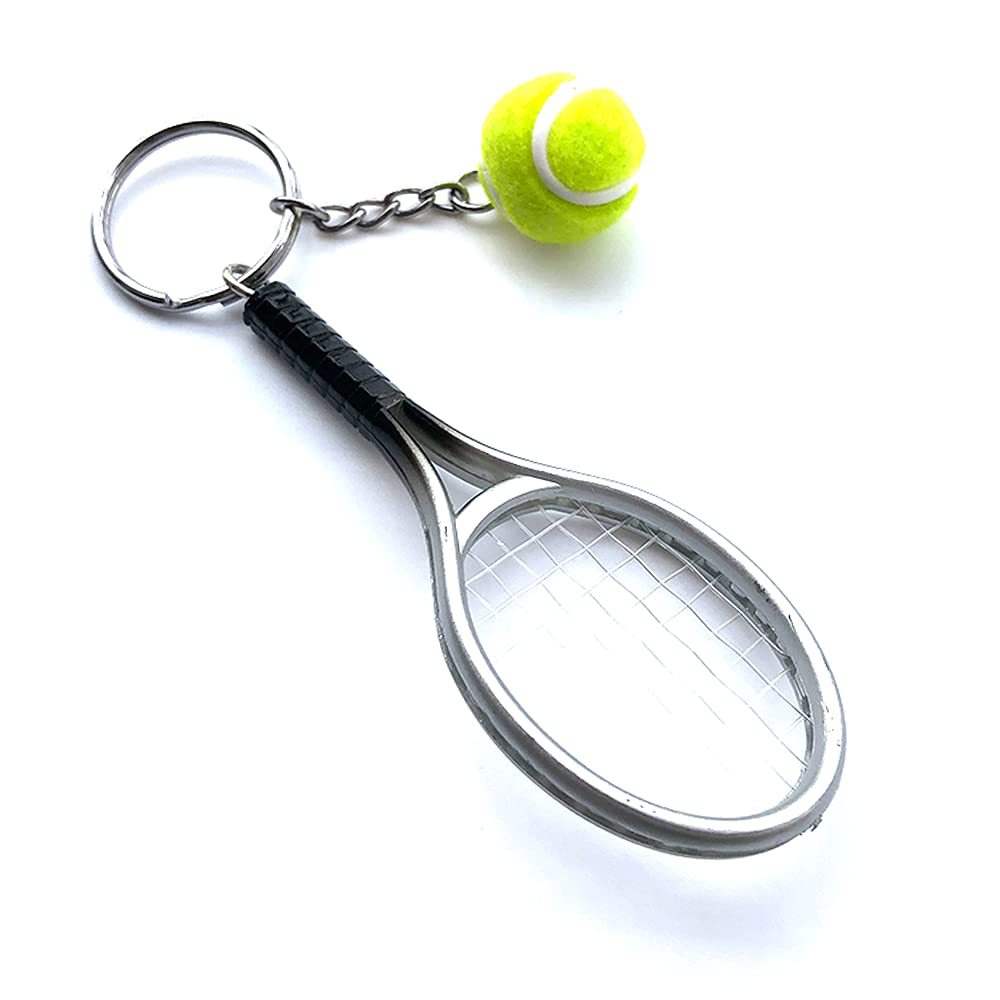 Grey Simulation Tennis Racket Keychain – Mini Tennis Racket and Ball Pendant, 3-Pack - Image 1