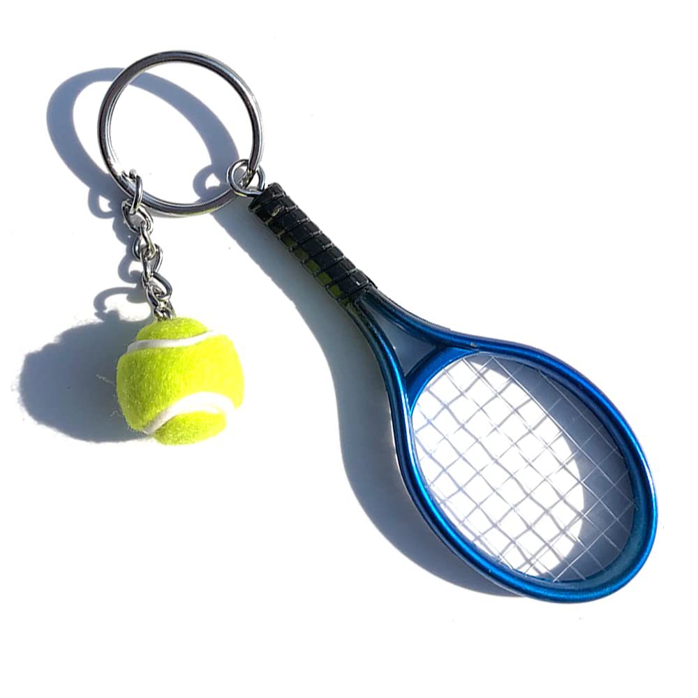 Blue Simulation Tennis Racket Keychain – Mini Tennis Racket and Ball Pendant, 3-Pack - Image 1