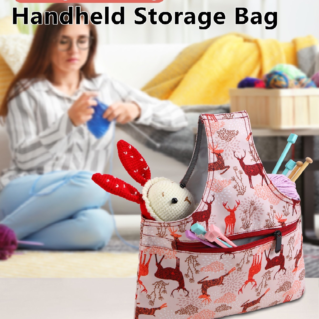 Pink Knitting Storage Tote Bag – Deer Pattern Craft Organizer with Zippered Pockets - Image 1