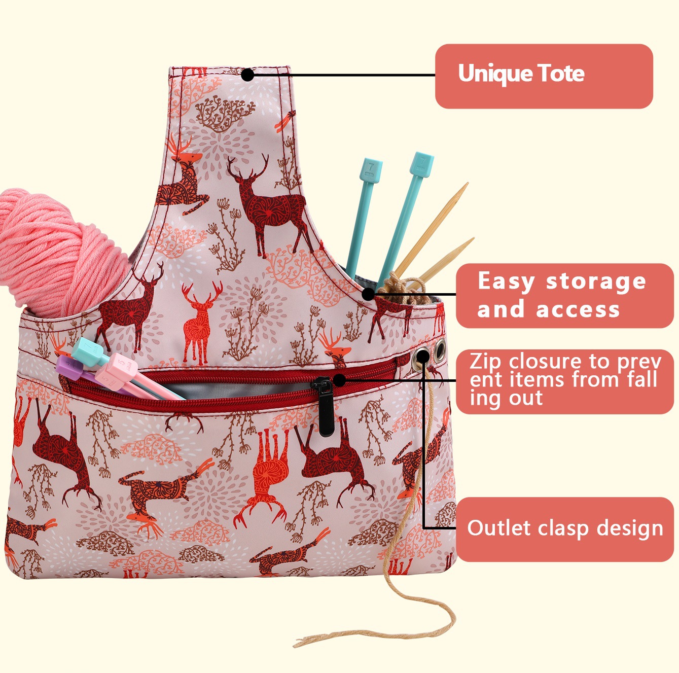 Pink Knitting Storage Tote Bag – Deer Pattern Craft Organizer with Zippered Pockets - Image 3