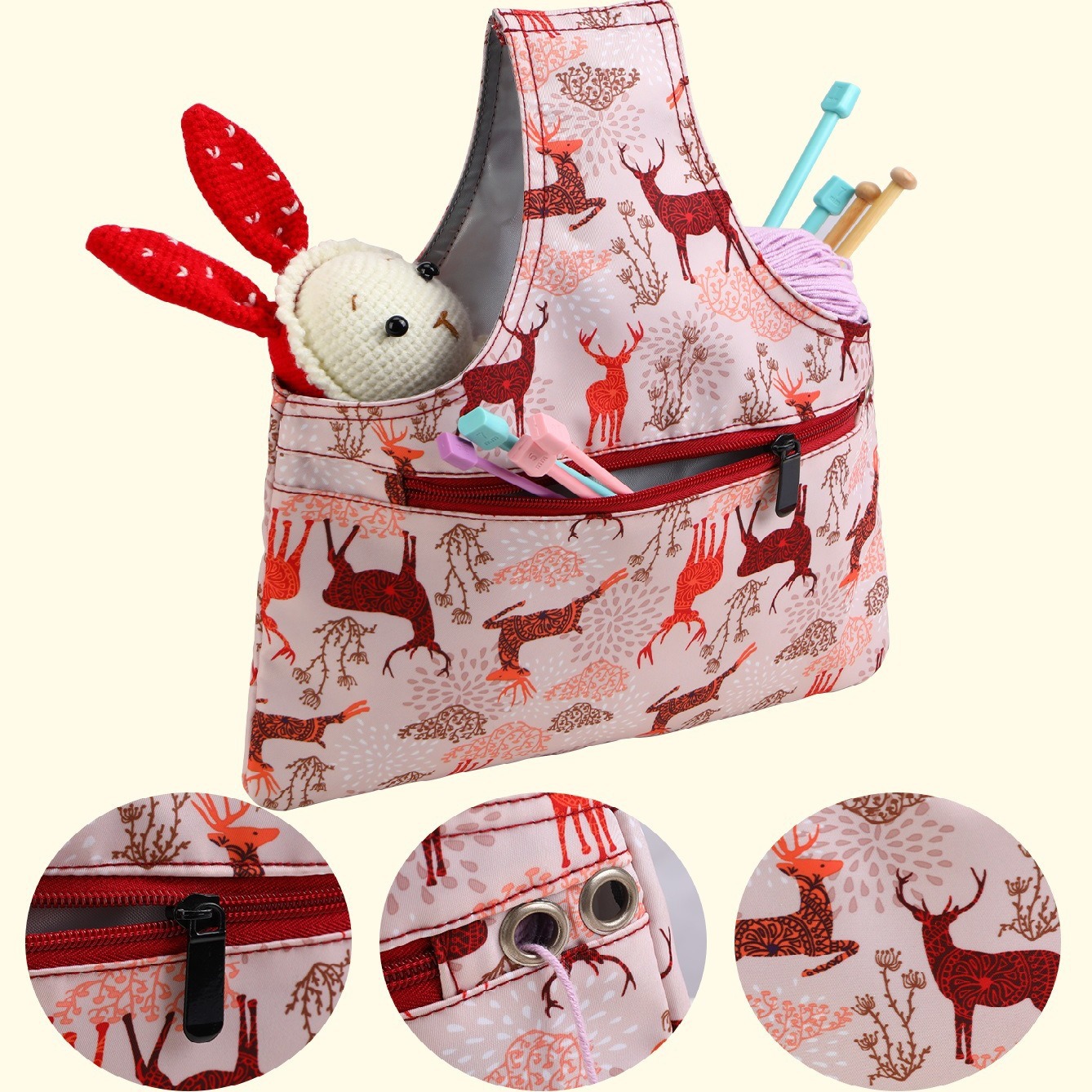 Pink Knitting Storage Tote Bag – Deer Pattern Craft Organizer with Zippered Pockets - Image 4