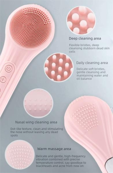 Pink Multi-Functional Silicone Facial Cleansing Brush – Ultrasonic & Heat Infusion Beauty Device - Image 3
