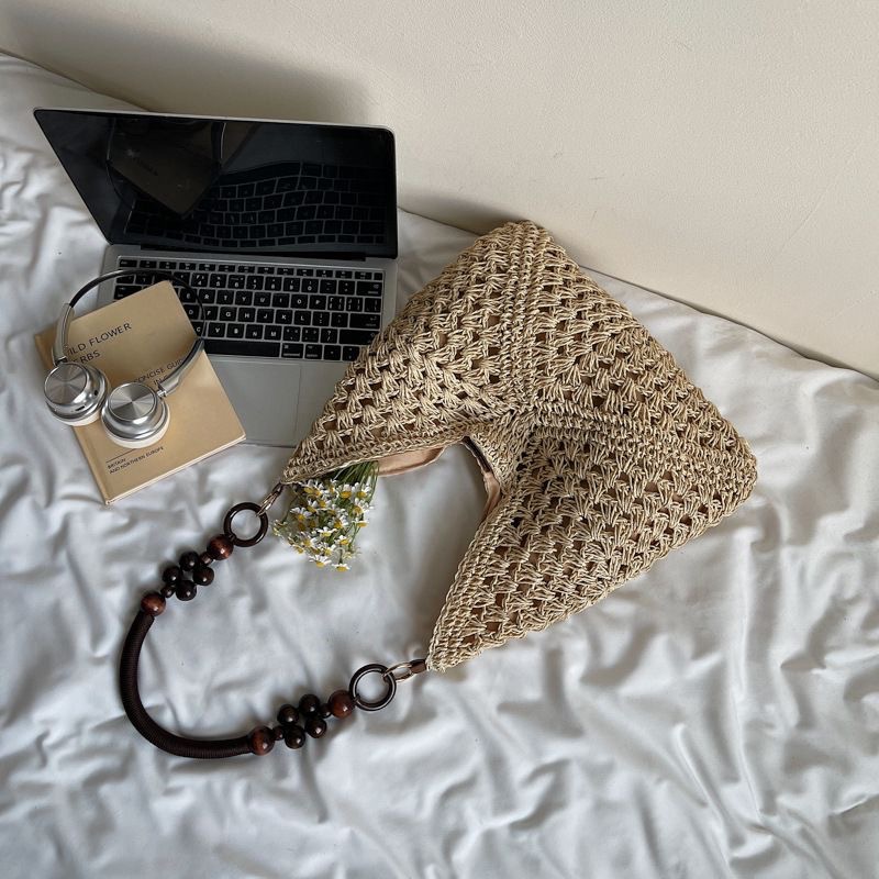 Beige Stylish Hand-Woven Paper Rope Bag – Boho Crochet Tote for Summer & Travel - Image 1