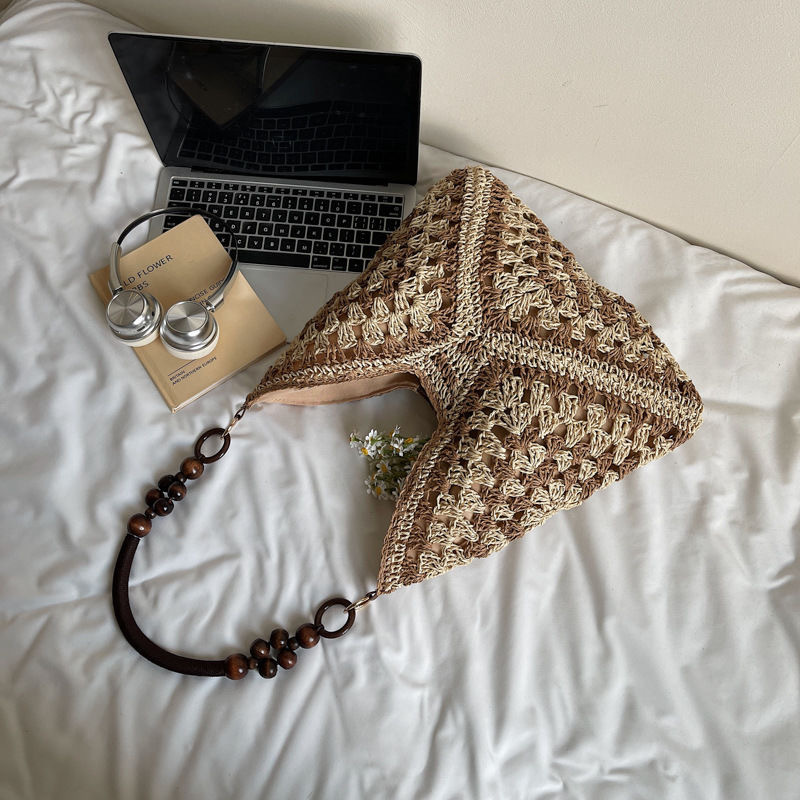 Beige and Brown Stylish Hand-Woven Paper Rope Bag – Boho Crochet Tote for Summer & Travel - Image 1