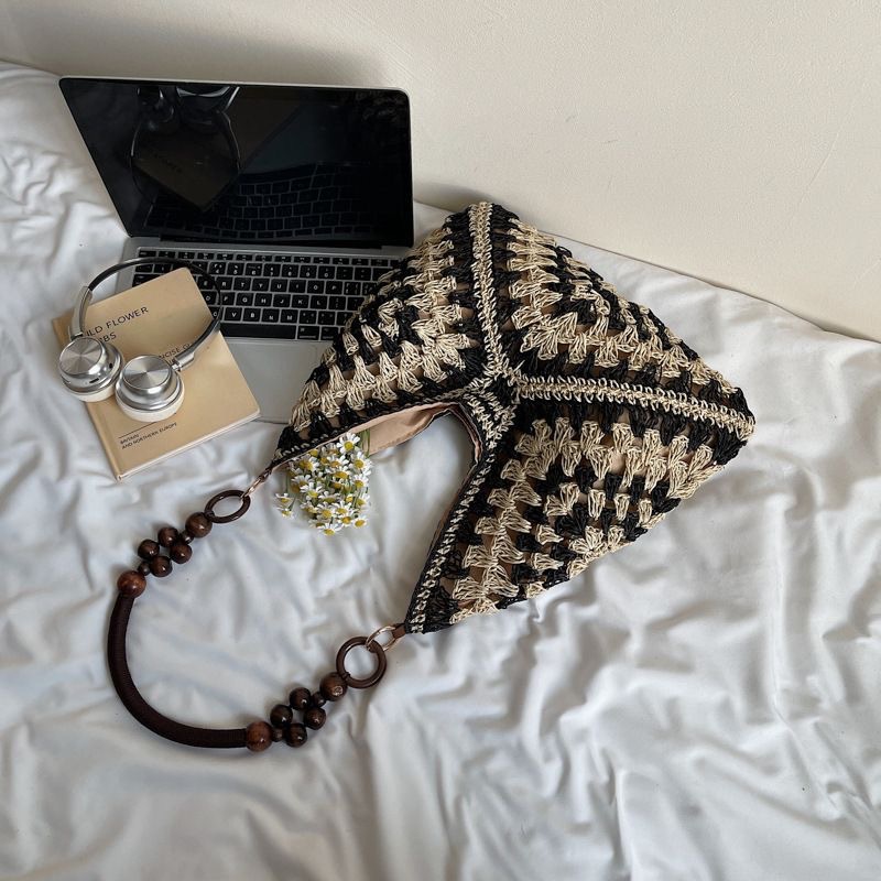 Beige and Black Stylish Hand-Woven Paper Rope Bag – Boho Crochet Tote for Summer & Travel - Image 1