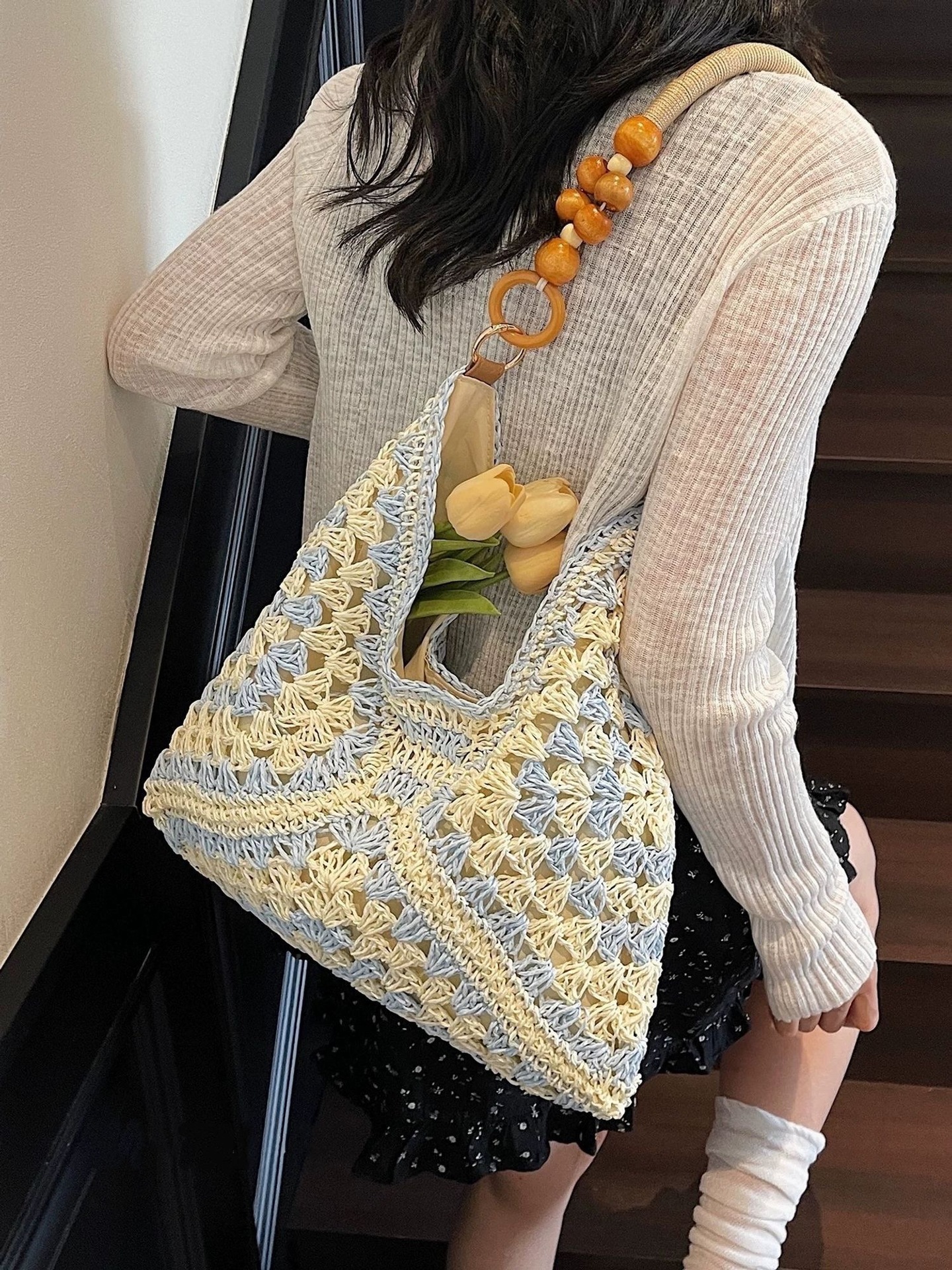 Beige and Blue Stylish Hand-Woven Paper Rope Bag – Boho Crochet Tote for Summer & Travel - Image 1
