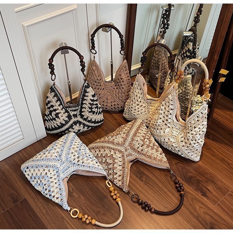 Beige and Blue Stylish Hand-Woven Paper Rope Bag – Boho Crochet Tote for Summer & Travel - Image 2