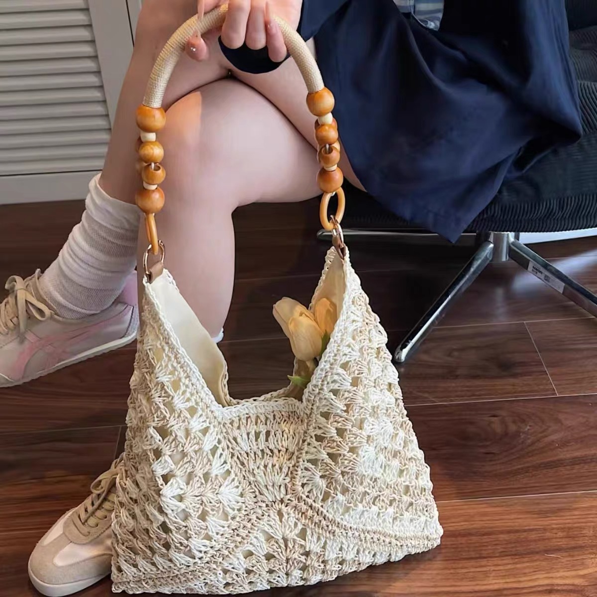 White and Beige Stylish Hand-Woven Paper Rope Bag – Boho Crochet Tote for Summer & Travel - Image 1