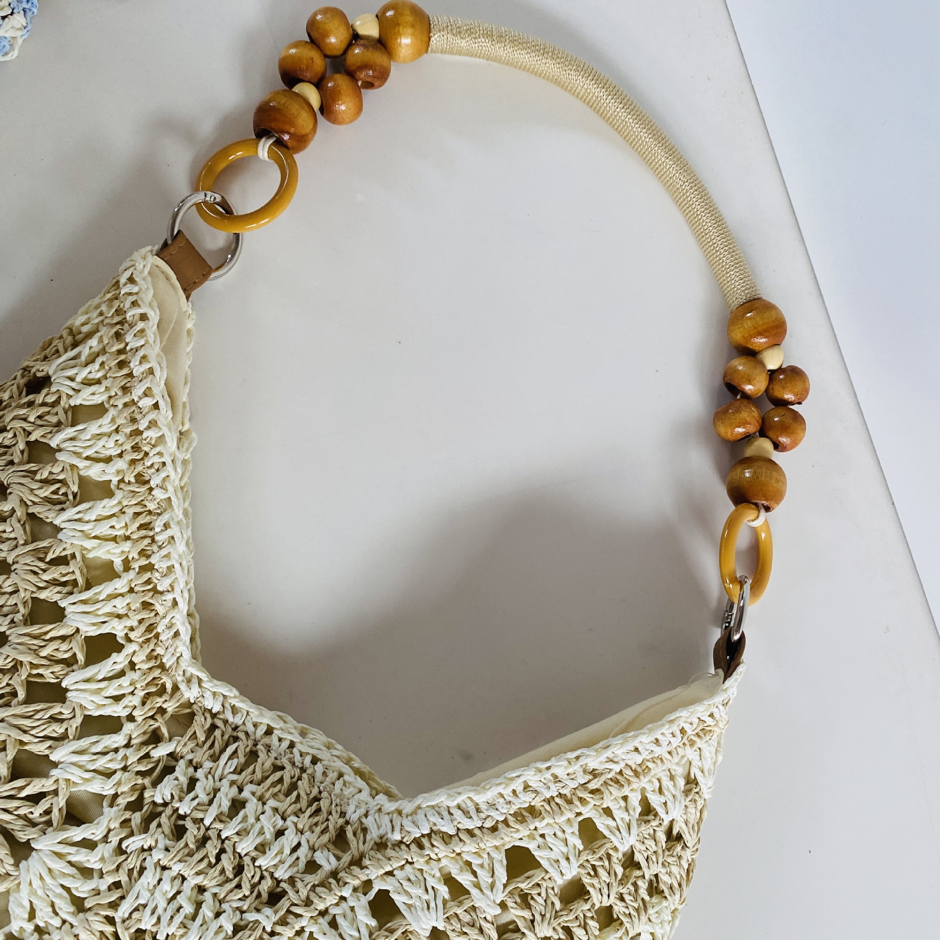 White and Beige Stylish Hand-Woven Paper Rope Bag – Boho Crochet Tote for Summer & Travel - Image 3
