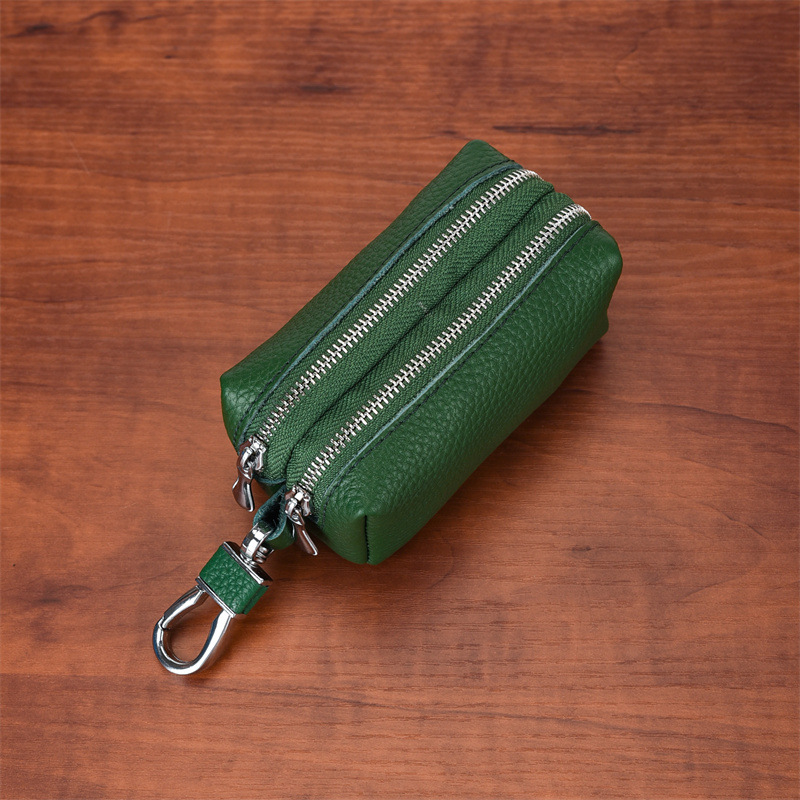Green High-Quality Genuine Leather Key Case – Double-Layer Zippered Organizer for Keys, Cards & Coins - Image 1