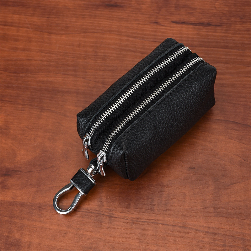 Black High-Quality Genuine Leather Key Case – Double-Layer Zippered Organizer for Keys, Cards & Coins - Image 1