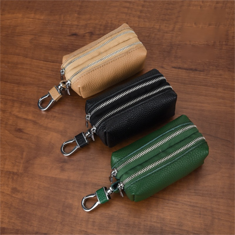 Black High-Quality Genuine Leather Key Case – Double-Layer Zippered Organizer for Keys, Cards & Coins - Image 2