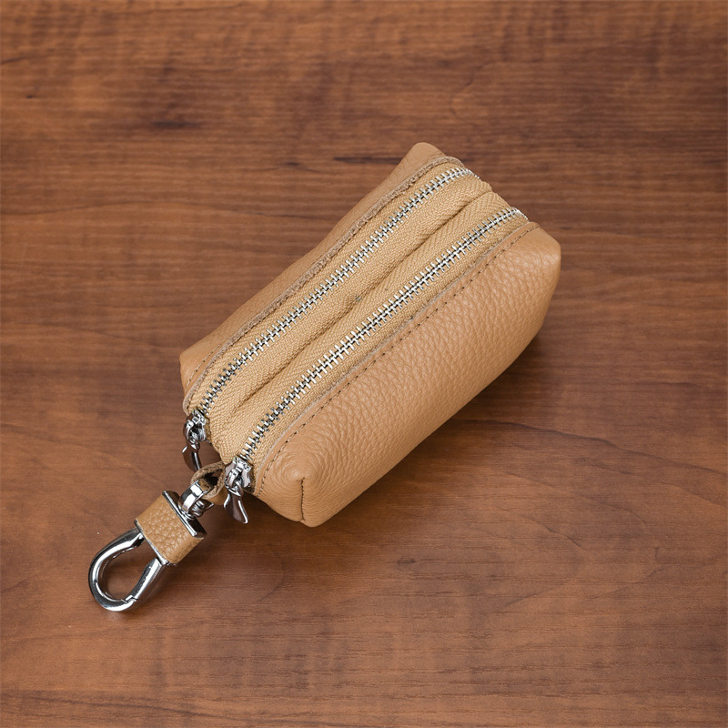 Khaki High-Quality Genuine Leather Key Case – Double-Layer Zippered Organizer for Keys, Cards & Coins - Image 1