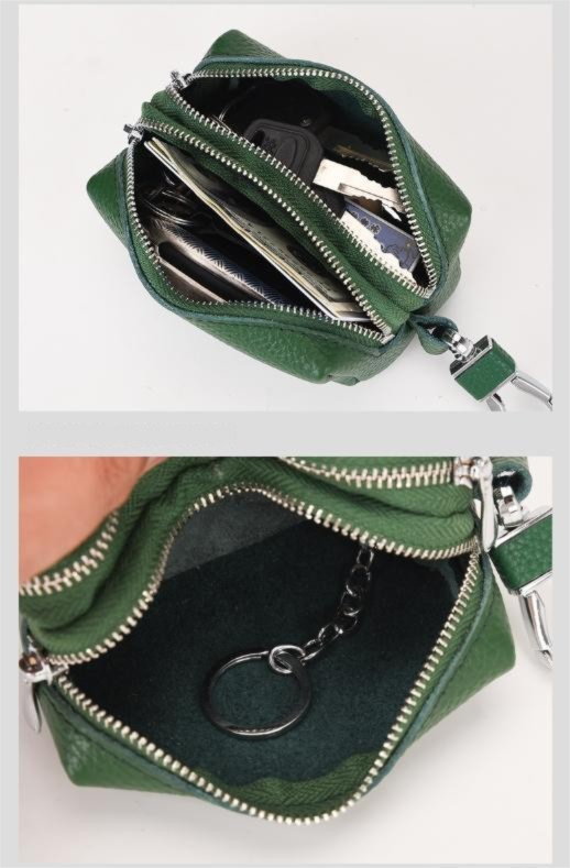 Khaki High-Quality Genuine Leather Key Case – Double-Layer Zippered Organizer for Keys, Cards & Coins - Image 4