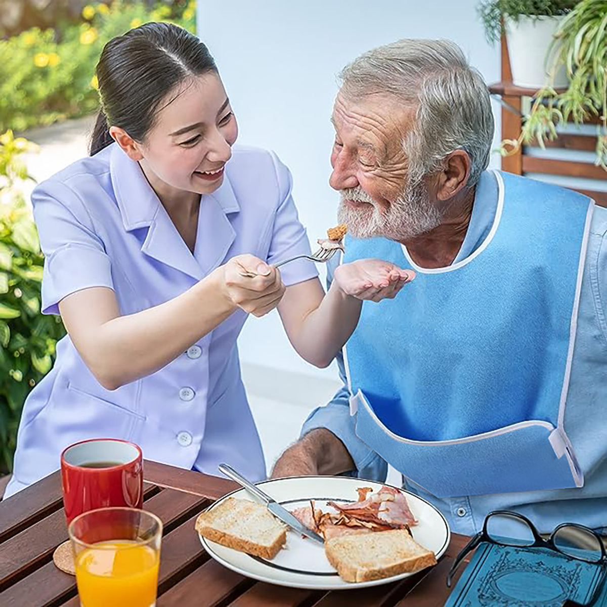 Blue Anti-Stain Feeding Apron with Pocket – Adjustable Care Bib for Elderly & Disabled Adults (2-Pack) - Image 1