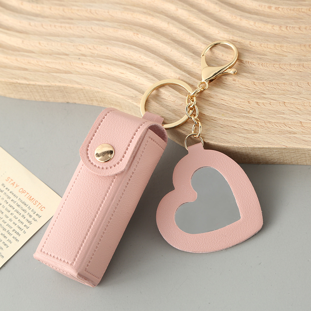 Pink Portable Lipstick Case with Heart Mirror & Keychain – Cute PU Leather Holder (3-Pack) - Image 1