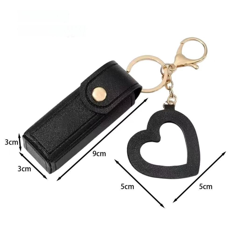 Pink Portable Lipstick Case with Heart Mirror & Keychain – Cute PU Leather Holder (3-Pack) - Image 4