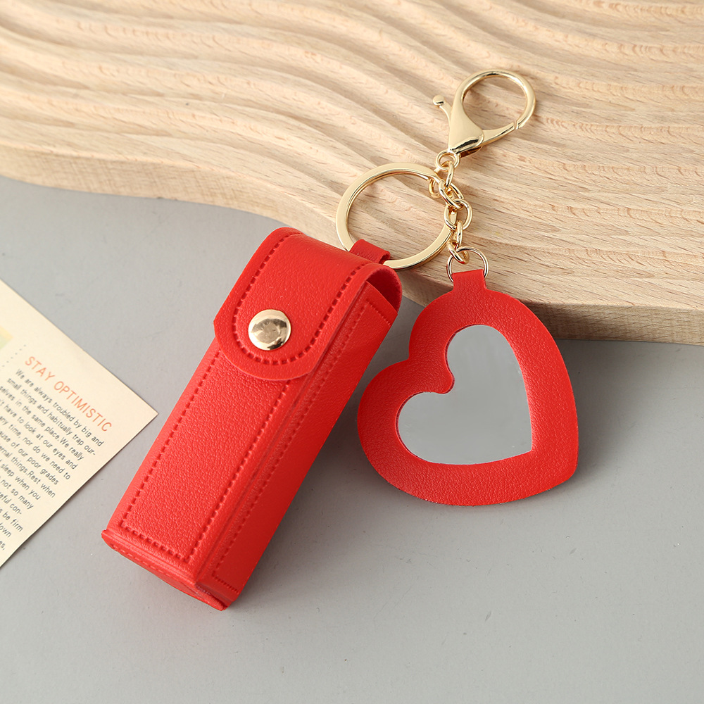 Red Portable Lipstick Case with Heart Mirror & Keychain – Cute PU Leather Holder (3-Pack) - Image 1