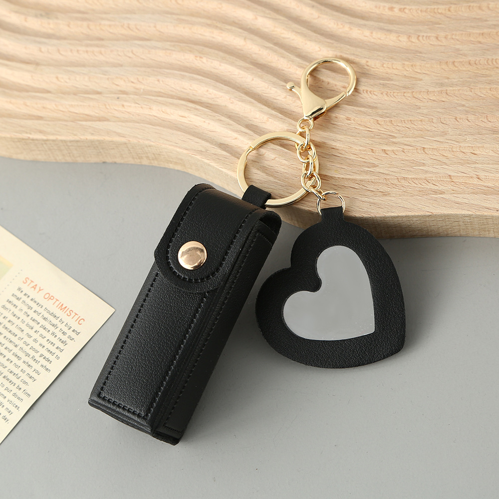 Black Portable Lipstick Case with Heart Mirror & Keychain – Cute PU Leather Holder (3-Pack) - Image 1