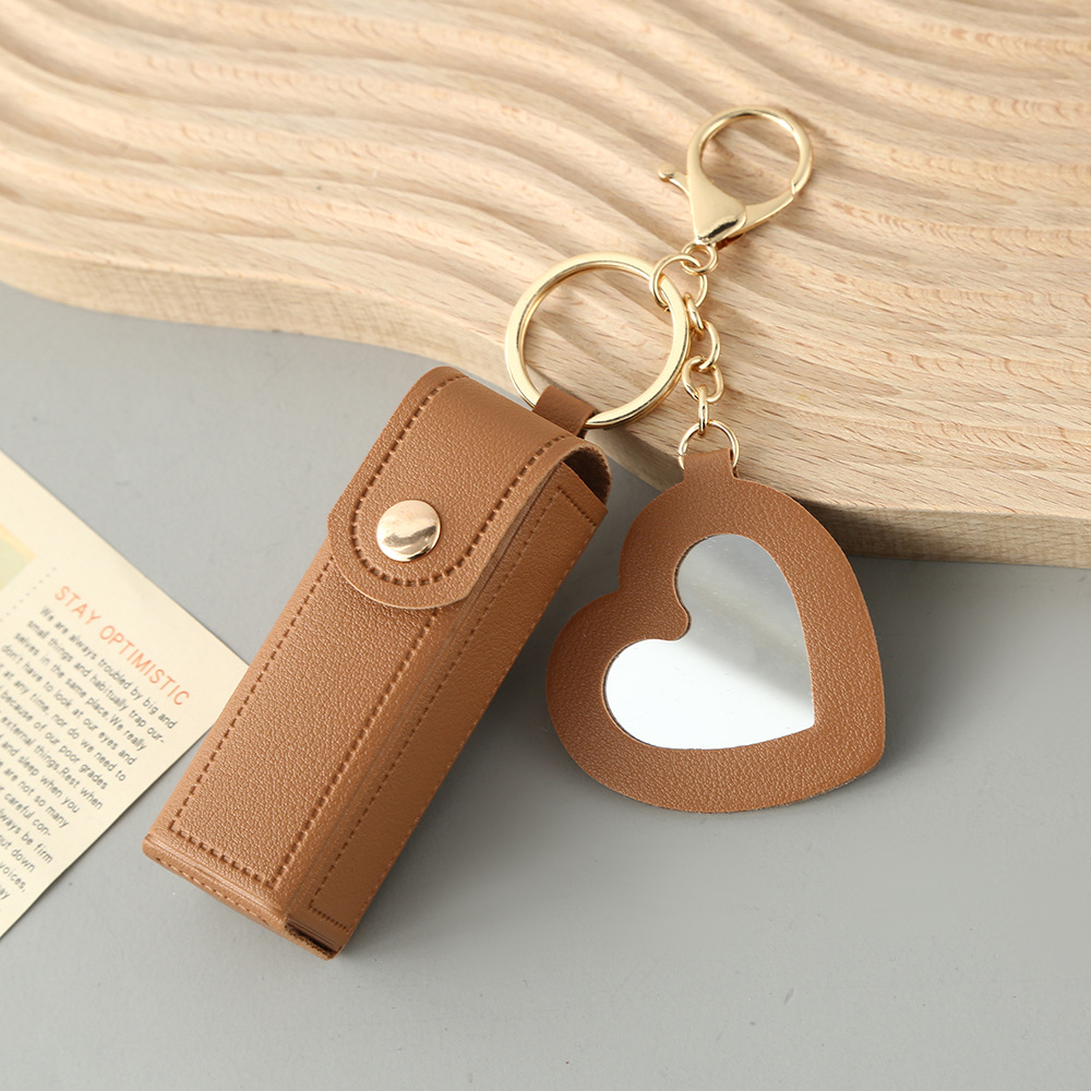 Brown Portable Lipstick Case with Heart Mirror & Keychain – Cute PU Leather Holder (3-Pack) - Image 1