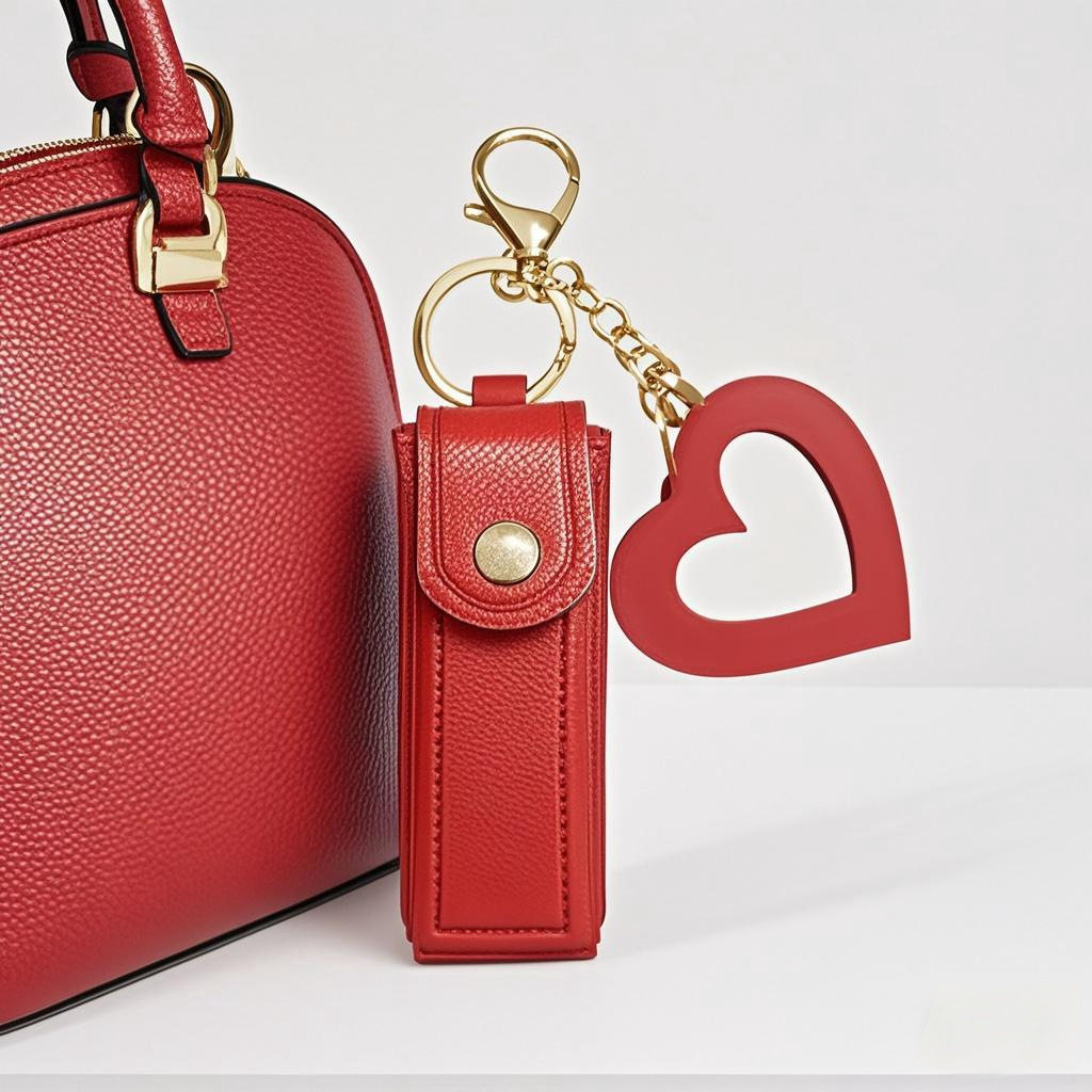 Brown Portable Lipstick Case with Heart Mirror & Keychain – Cute PU Leather Holder (3-Pack) - Image 3