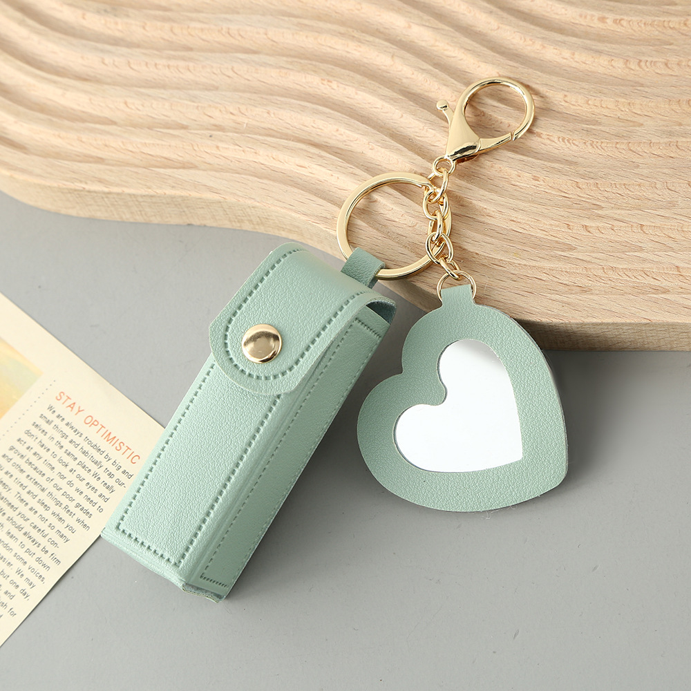 Green Portable Lipstick Case with Heart Mirror & Keychain – Cute PU Leather Holder (3-Pack) - Image 1
