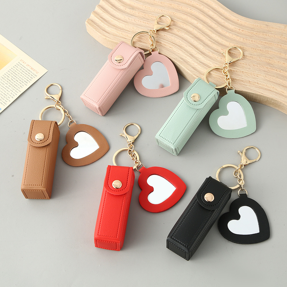 Green Portable Lipstick Case with Heart Mirror & Keychain – Cute PU Leather Holder (3-Pack) - Image 2