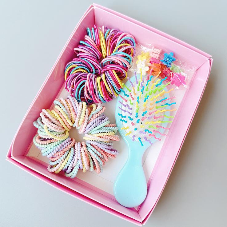 Style 1 Boxed Hair Tie Set with Pink Rubber Bands, Cute Hair Accessories & Mini Comb – Perfect Gift for Girls - Image 1
