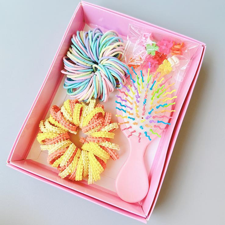 Style 2 Boxed Hair Tie Set with Pink Rubber Bands, Cute Hair Accessories & Mini Comb – Perfect Gift for Girls - Image 1