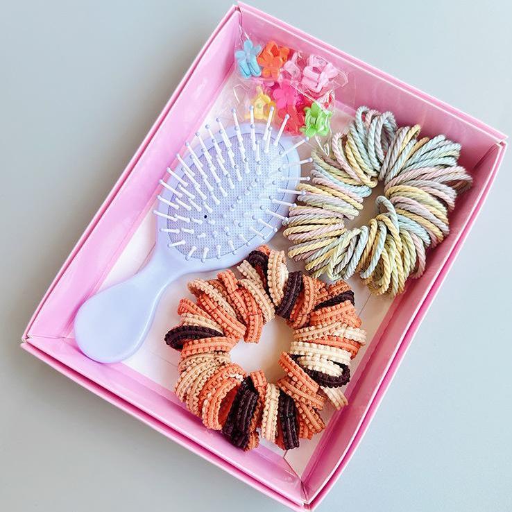 Style 3 Boxed Hair Tie Set with Pink Rubber Bands, Cute Hair Accessories & Mini Comb – Perfect Gift for Girls - Image 1