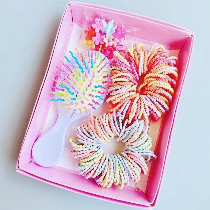 Style 4 Boxed Hair Tie Set with Pink Rubber Bands, Cute Hair Accessories & Mini Comb – Perfect Gift for Girls - Image 1