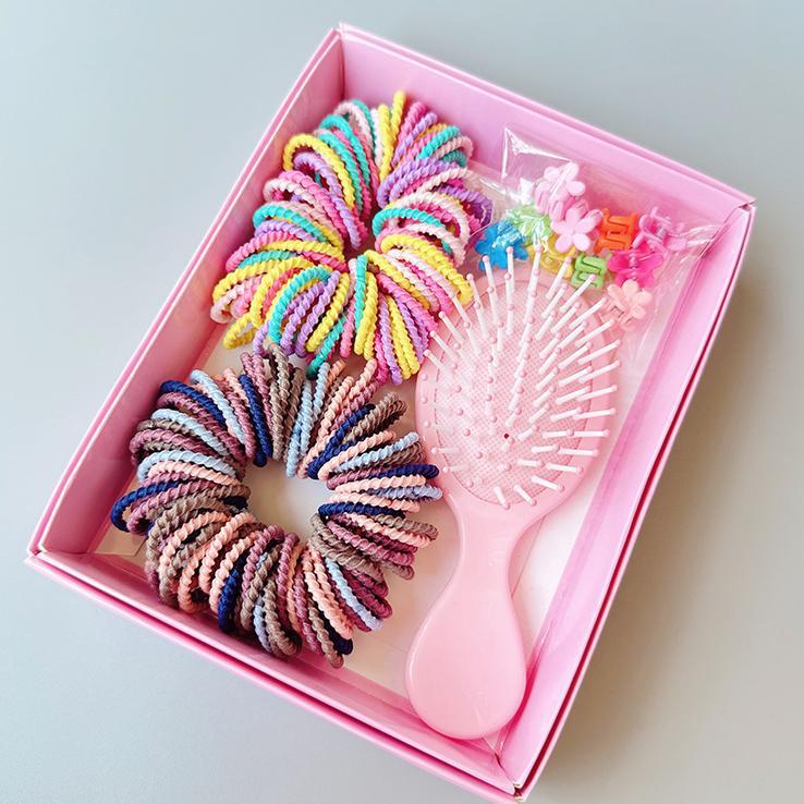 Style 5 Boxed Hair Tie Set with Pink Rubber Bands, Cute Hair Accessories & Mini Comb – Perfect Gift for Girls - Image 1