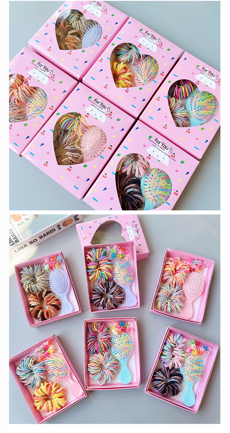 Style 5 Boxed Hair Tie Set with Pink Rubber Bands, Cute Hair Accessories & Mini Comb – Perfect Gift for Girls - Image 4
