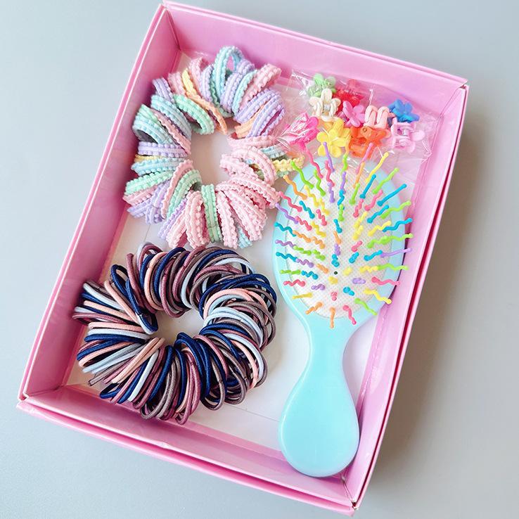 Style 6 Boxed Hair Tie Set with Pink Rubber Bands, Cute Hair Accessories & Mini Comb – Perfect Gift for Girls - Image 1
