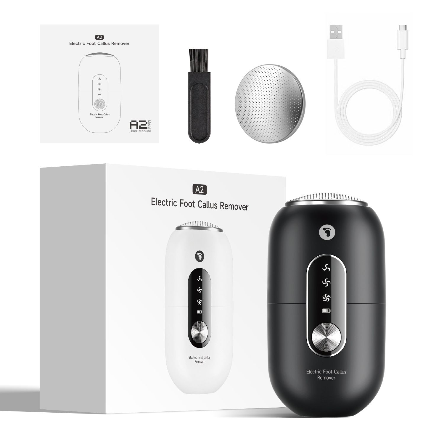 Black 2-in-1 Electric Foot Care Device – Cordless Callus Remover & Skin Polisher with Dual Heads - Image 1