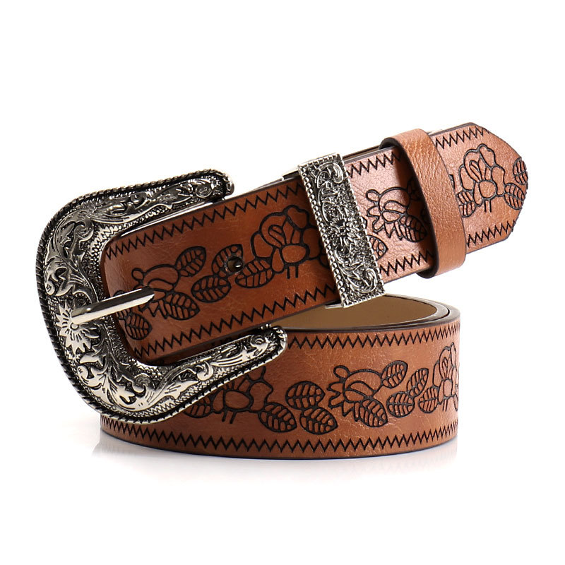 Brown Women's Western Style Embossed Belt 2 Pack Vintage PU Leather Waistband with Antique Silver Buckle for Jeans and Dresses Y2K Fashion - Image 1