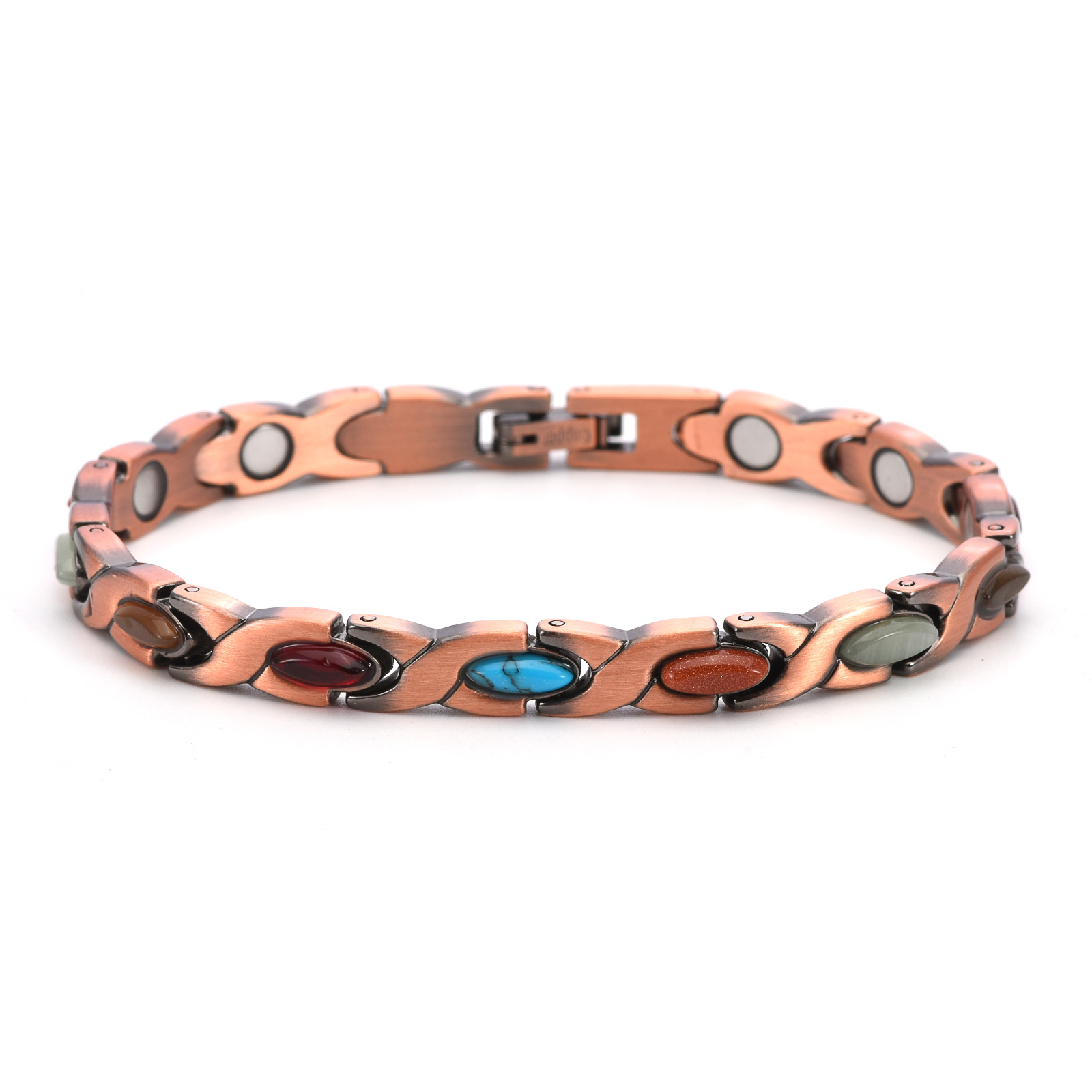 Vintage Copper Tone Magnetic Bracelet Unisex Fish Link Chain with Colourful Stones 19.5cm Bangle for Men and Women Jewellery Gift - Image 1